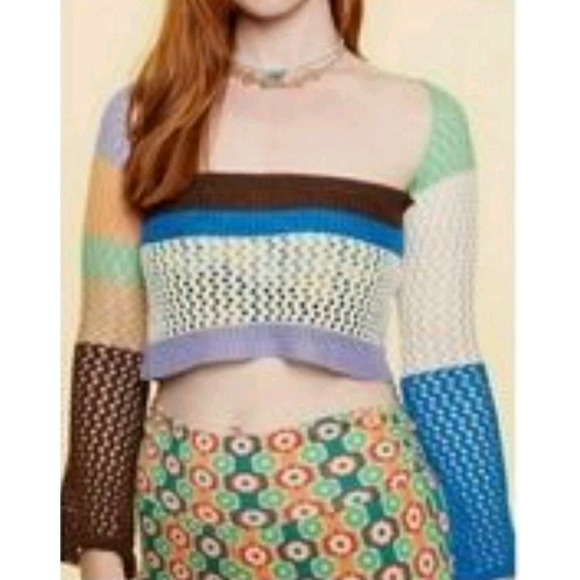 Earthbound Colorblock Crochet Cropped Bell Sleeve Top Womens Sz L Boho Hippie - Picture 1 of 7